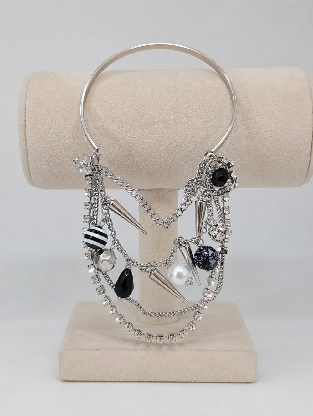 Edgy Glam Charm Bangle Bracelet Silver Tone Spikes Pearls Rhinestones
